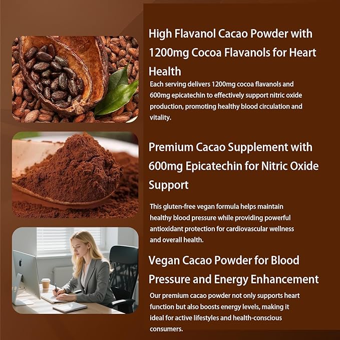 High Flavanol Cacao Powder with 1200mg Flavanols &amp Epicatechin Blend for Supports Circulation Energy Boost &amp Elevate Mood Supports Heart Health &amp Brain Function Gluten Free Vegan 200