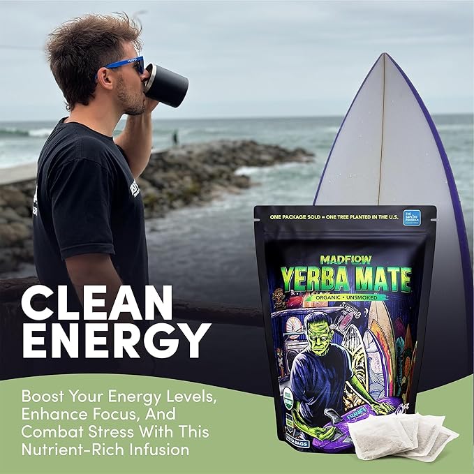 MADFLOW Yerba Mate Tea Bags (100 Mate Tea Bags). Organic &amp Unsmoked. Resealable Packaging. Alternative to Yerba Mate Loose Leaf.
