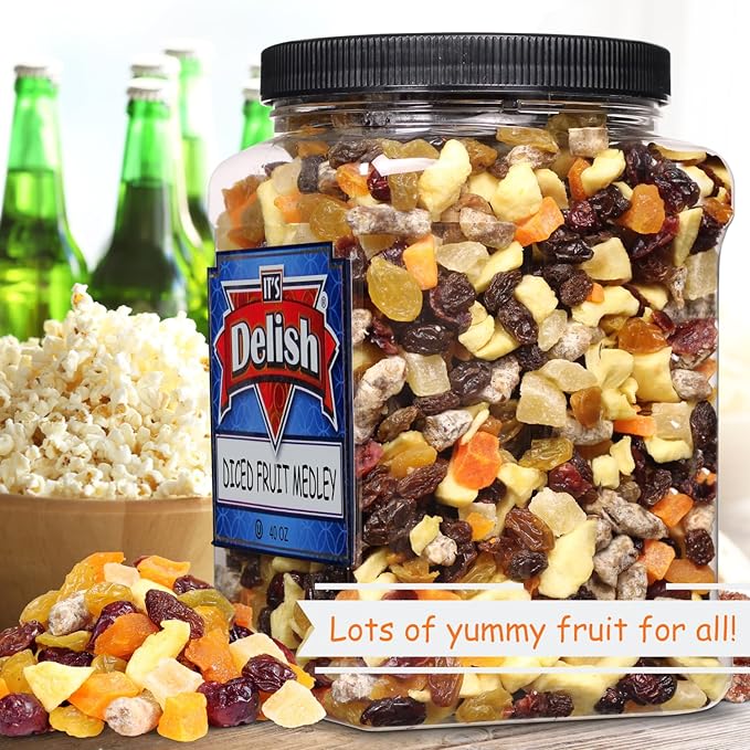 Dried Mixed Fruit Dices Medley - by Its Delish 40 OZ Jumbo Container | Healthy Snacks for Adults Kids &amp Pets | Fresh Cut Snack Mix Dry Fruit and Berries Trail Mix | Nut &amp Gluten Free Vegan