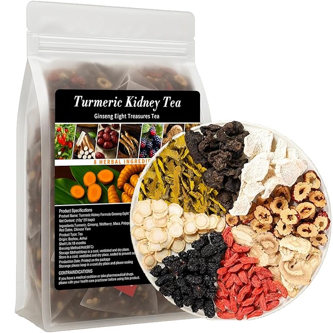 Turmeric Kidney Tea Formula Ginseng Eight Treasure Turmeric Ginseng Wolfberry Mulberry Maca Polygonatum Red DatesYam Natural Organic Healthy Kidney Cleansing Teas for Men &amp Women (1)