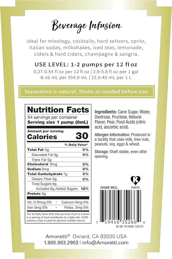Amoretti - Pear Beverage Infusion 94 Servings Per Bottle (750 ml) - Drink Mix &amp Water Enhancer with Pump for Flavoring Cocktails Waters Teas and other Beverages Preservative Free