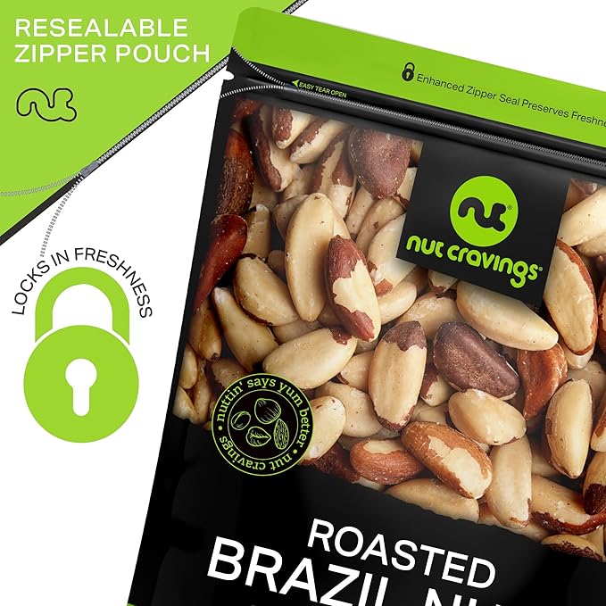 NUT CRAVINGS - Brazil Nuts Roasted &amp Unsalted - No Shell Whole (48oz - 3 LB) Bulk Nuts Packed Fresh in Resealable Bag - Healthy Protein Food Snack Food Assortments