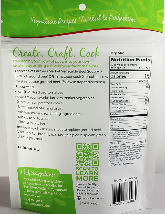 Twisted Pepper Co. Vegetable Beef Soup Mix: Gluten-Free - Handcrafted Broth‑Style Soup - Low Sodium No Added MSG | Quick &amp Easy Meal Ready in 30 Minutes Serves 12 | Add Vegetables Sausage &amp