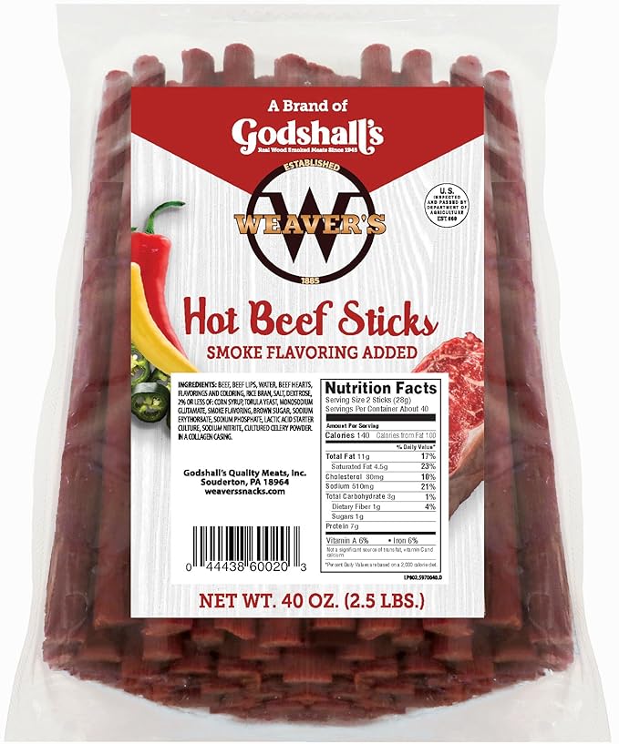 Weaver’s Hot Beef Sticks (80 hot &amp spicy 7” beef sticks per 40oz bag)