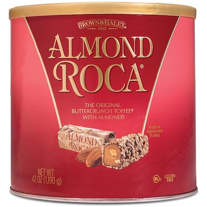 Brown &amp Haley Almond ROCA The Original Buttercrunch Toffee with Almonds Canister - Individually Wrapped Chocolate for Holiday Gift Basket - Gluten Free Kosher Chocolate Candy for Sharing 42oz Pac