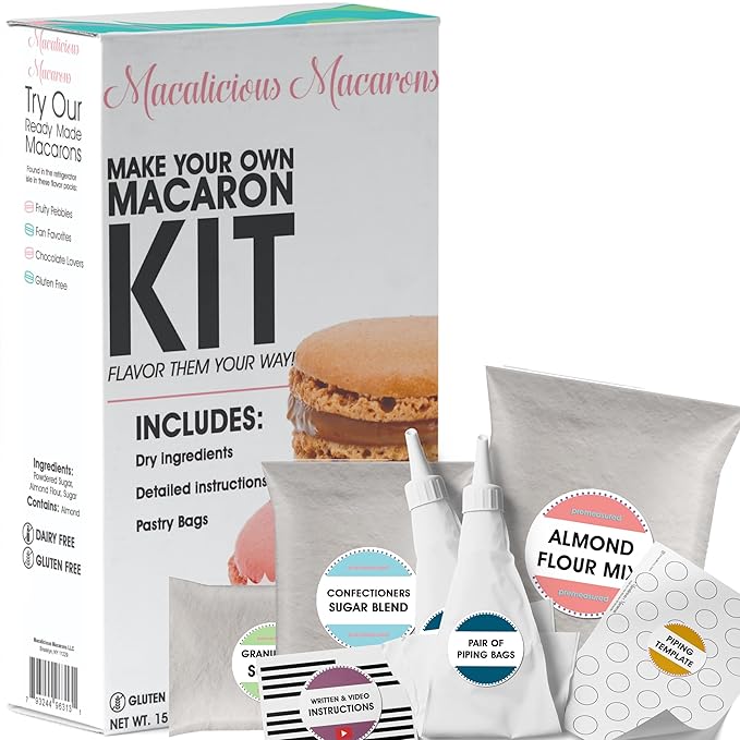 Macalicious Macaron Baking Mix - DIY Bake Your Own French Macarons Kit –Includes All Dry Ingredients Pastry Bags with Piping Tip Template and Detailed Instructions - Great activity for Kids &amp A