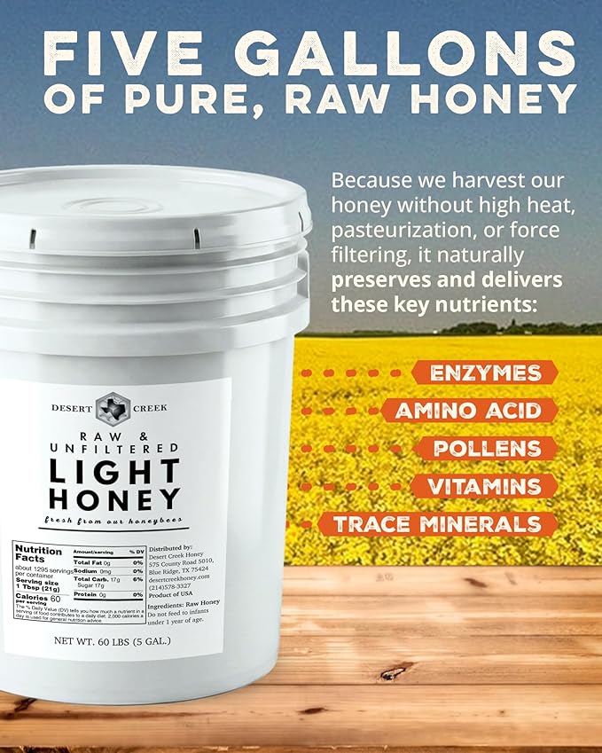 Desert Creek Honey Light Clover - Unfiltered Raw Honey - 5 Gallons of Bulk Unprocessed Unpasteurized - Made in America - Harvested by Our Own Beekeepers - Light and Mild Flavor