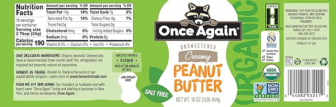 Once Again Organic Creamy Peanut Butter 16oz - Salt Free Unsweetened - USDA Organic Gluten Free Certified Vegan Kosher - Glass Jar - 2 Pack