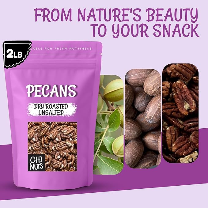 Oh! Nuts Pecans Dry Roasted Unsalted - Kosher Oil-Free All Natural Pecans - For Baking Snacks Salad Dressing - Packed in 2 LB Resealable Bulk Bag