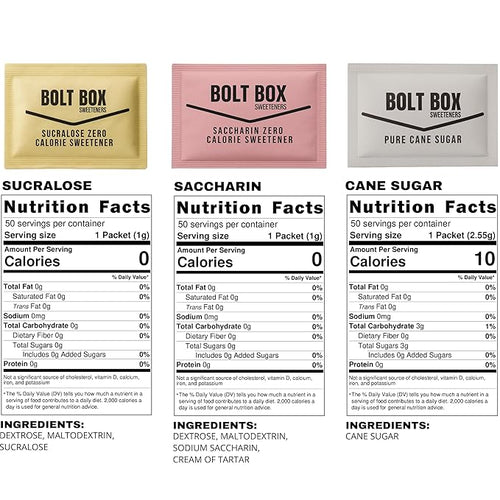 (400 total 100 each) Bolt Box Sugar &amp Sugar Substitute Packets Assorted Variety Pack (Cane Pink Saccharin Yellow Sucralose Stir Straws)