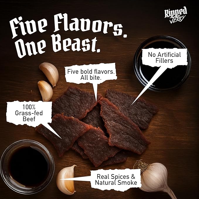 Ripped Beef Jerky - 100% Grass Fed Beef 20g Protein Real Ingredients Gluten Free No MSG Made in USA (2.5 Ounce (Pack of 5) Variety Pack)