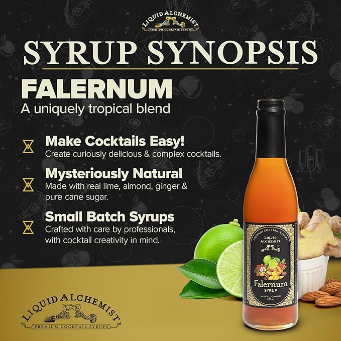 Liquid Alchemist Falernum Syrup for Cocktails - Real Ingredients Make our Falernum Cocktail Syrup a Great Mixer for any Tiki Drink - Our Drink Mixer is Non-GMO Gluten Free &amp Vegan (12.7 oz)