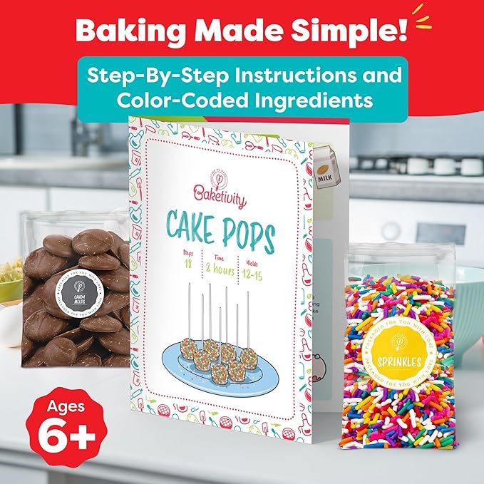 Baketivity DIY Cake Pop Baking Kit for Kids - Premeasured Ingredients Decorating Supplies