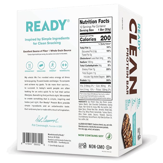 Ready® Protein Bars – High-Protein Snack with 15g Whey Protein With Flaxseeds and Omega-3s for Sustained Energy Supports Lean Muscle and Recovery No Artificial Sweeteners – Dark Chocolate Coconut A