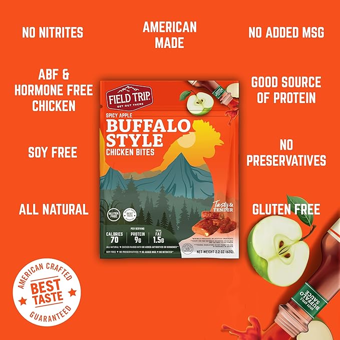 Field Trip Chicken Jerky Bites All Natural and Gluten Free Keto and Paleo-Friendly Healthy Snack Low Calorie High Protein Snacks with No Nitrates 2.2oz Bag 4 Pack Spicy Buffalo Style