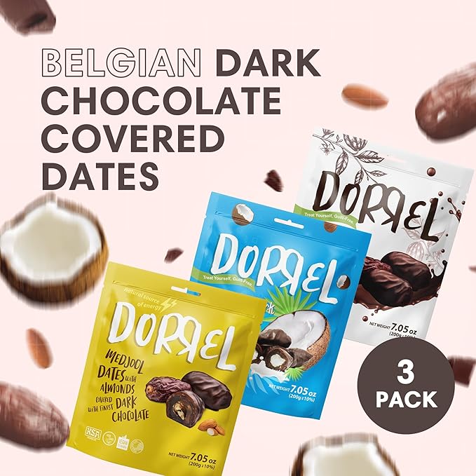 DORREL - Trio Bundle Pack: Belgian Dark Chocolate Covered Dates (Medjool) + Chocolate Dates with Salted Almonds &amp Coconut Stuffing High Energy Choco Snack Kosher &amp Non-GMO Pack of 3 7.05 oz