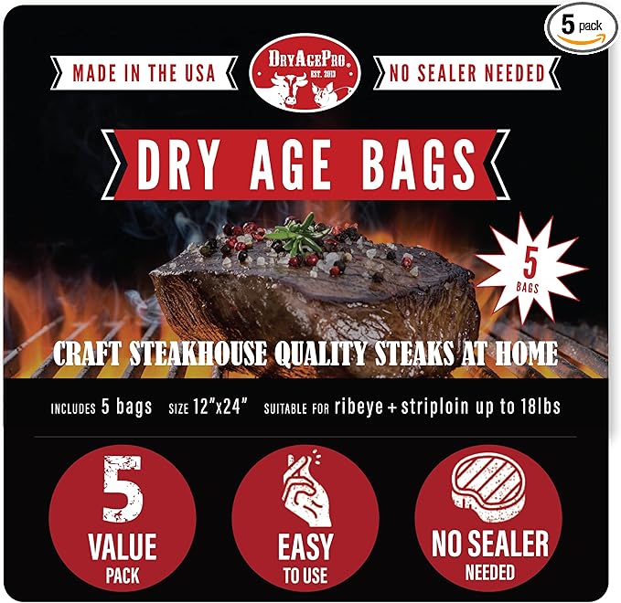 DryAgePro® Dry Age Bags for Meat 12” x 24” Bags for Ribeye and Striploin up to 18 lbs Pack of 5 No Vacuum Sealer Needed Easy-to-Use Steak Aging Kit