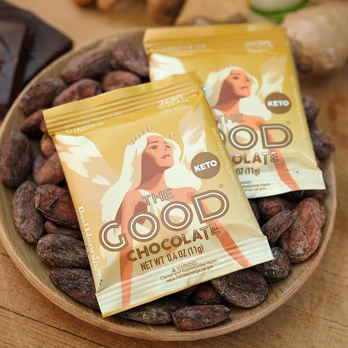 The Good Chocolate - Ginger Chocolate Squares Zero Sugar Lower Net Carb Snack Lower Calorie Vegan Chocolate Candy 24 Square Family Pack