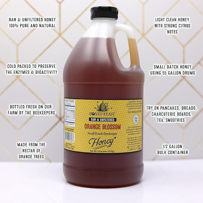 HONEY FEAST 6 Pounds Raw Orange Blossom Honey - All Natural Unfiltered Unheated From Oranges Perfect for Sweetening &amp Baking