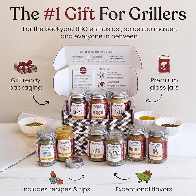 Burlap &amp Barrel BBQ Rub &amp Seasoning Gift Set – 5 Jars of Single-Origin Spices Including Zanzibar Black Peppercorns – Meat &amp Grill Seasoning - As seen on Shark Tank
