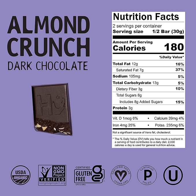 Hu Chocolate Bars | 12 Pack Almond Crunch Chocolate | Natural Organic Vegan Gluten Free Paleo Non GMO Fair Trade Dark Chocolate | 2.1oz Each