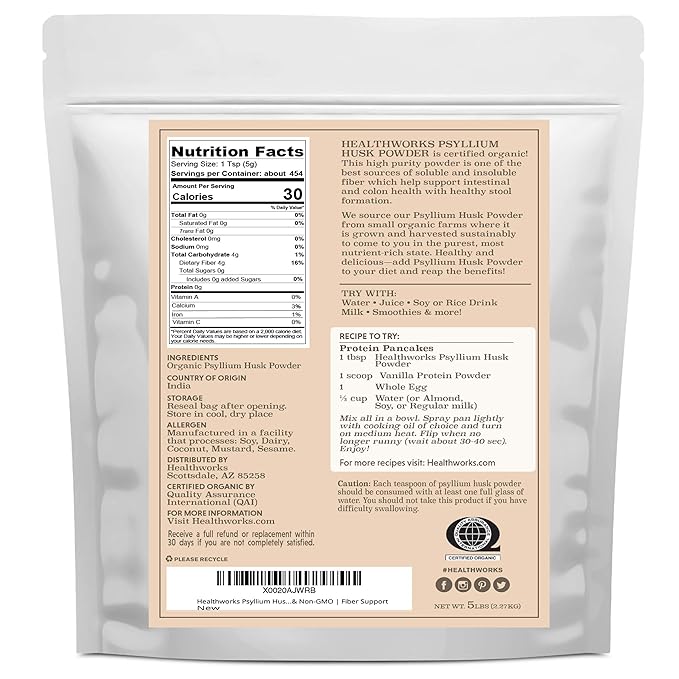 Healthworks Superfoods Organic Psyllium Husk Powder - 80 Oz / 5 Lbs - Raw - Certified Organic - Finely Ground Powder from India - Keto Vegan &amp Non-GMO - Fiber Support