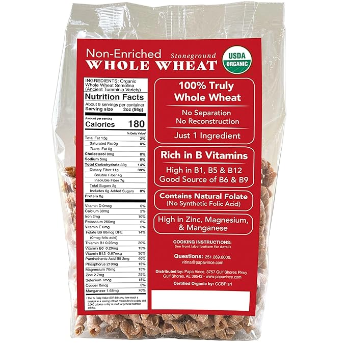Papa Vince Organic Non Enriched Pasta - Ancient Grain high in fiber high in protein Timilia/Tumminia grown in Sicily Italy. Al dente texture nutty flavor busiate whole wheat that is anything but