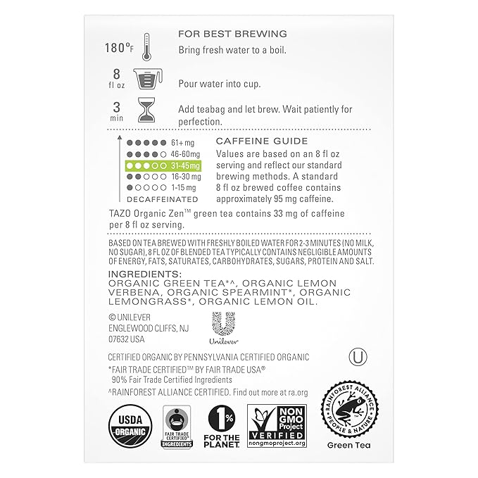 TAZO Organic Zen Green Tea Bags Caffeine Free Tea with Refreshing Lemongrass &amp Spearmint 144 Total Tea Bags (36ct - Pack of 8)
