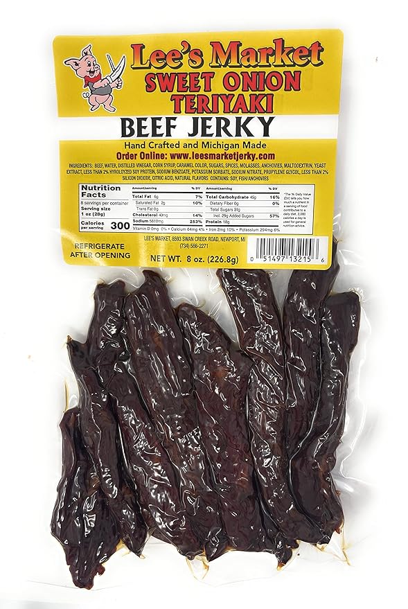 Lee's Market Sweet Onion Teriyaki Beef Jerky - Soft &amp Tender - Healthy Low Carb Gluten-Free Snack - Paleo &amp Keto-Friendly - Michigan Made Handcrafted Jerky - Specialty Gourmet Meat Snacks - 8