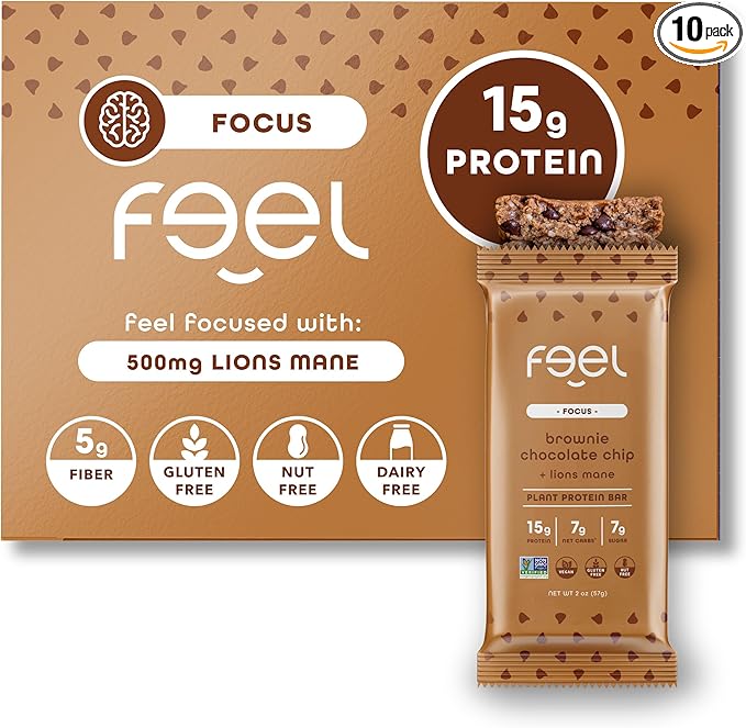 Feel Vegan Protein Bars Focus Lion’s Mane Dairy Nut Grain Soy Free 15g Plant Protein Adaptogenic Snack Organic Low Sugar Low Carb Gluten Free Brownie Chocolate Chip 10 Pack