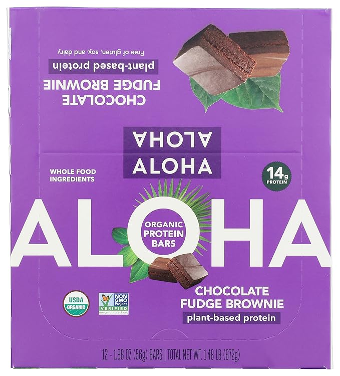 Aloha Chocolate Fudge Brownie Protein Bar Plant Based Non GMO 1.98 Ounces (Pack Of 12)