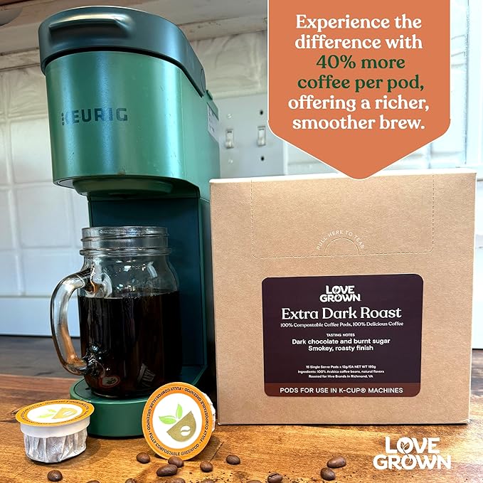 Love Grown Compostable Coffee Pods - Compatible With Most Major Coffee Pod Brewers - 100% Arabica Plastic-Free Non-GMO - Extra Dark Roast Box of 15