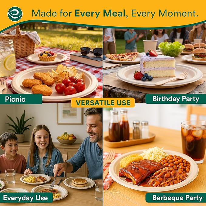 ECO SOUL 6 Inch Compostable Disposable Paper Plates [750 Pack] Food Safe 100% Virgin Bagasse Pulp Heavy Duty Microwave Safe Small Round Dessert Appetizer Plate for Party Picnic &amp BBQ (Brown)