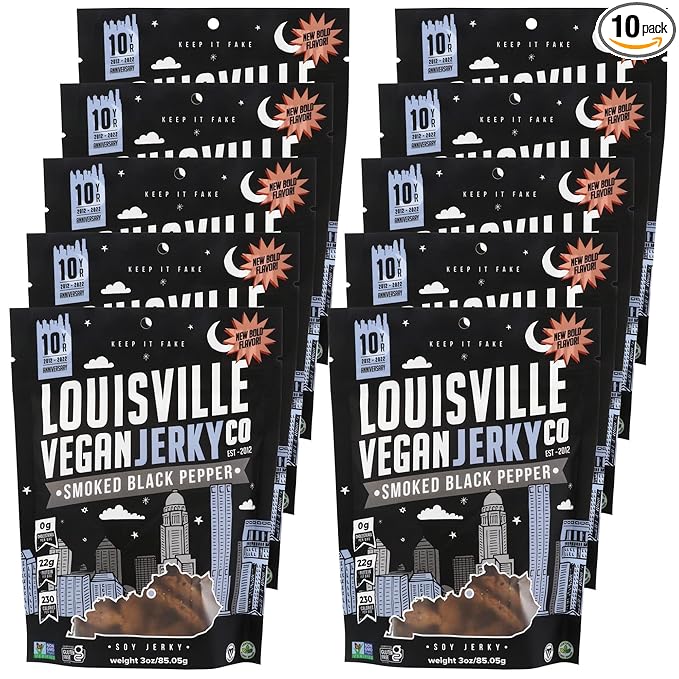 Louisville Vegan Jerky - Smoked Black Pepper Vegan and Vegetarian Meat 19 Grams of Non-GMO Soy Protein 310 Calories per Bag Gluten-Free High Protein Vegan Snacks - 3 oz 10 Pack