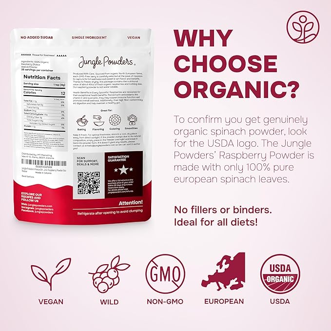 Jungle Powders Freeze Dried Strawberries Organic USDA Certified Strawberry Slices 3.2 Ounce Bag Premium Dry Fruit + Raspberry Powder 5 Ounce Bag USDA Organic Freeze Dried Raspberries