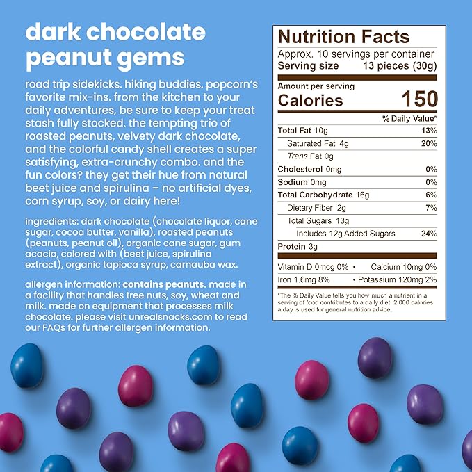 Unreal Dark Chocolate Peanut Gems | Certified Vegan Fair Trade Non-GMO | Made with Gluten Free Ingredients and Colors from Nature | No Sugar Alcohols or Soy 1.5 Oz (Pack of 12)