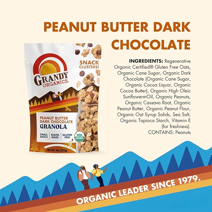 Grandy Organics Peanut Butter &amp Dark Chocolate Granola - 6g Protein Snackable Granola Clusters - Whole Grain Gluten Free Non-GMO Certified Organic Healthy Snacks - Pack of 3
