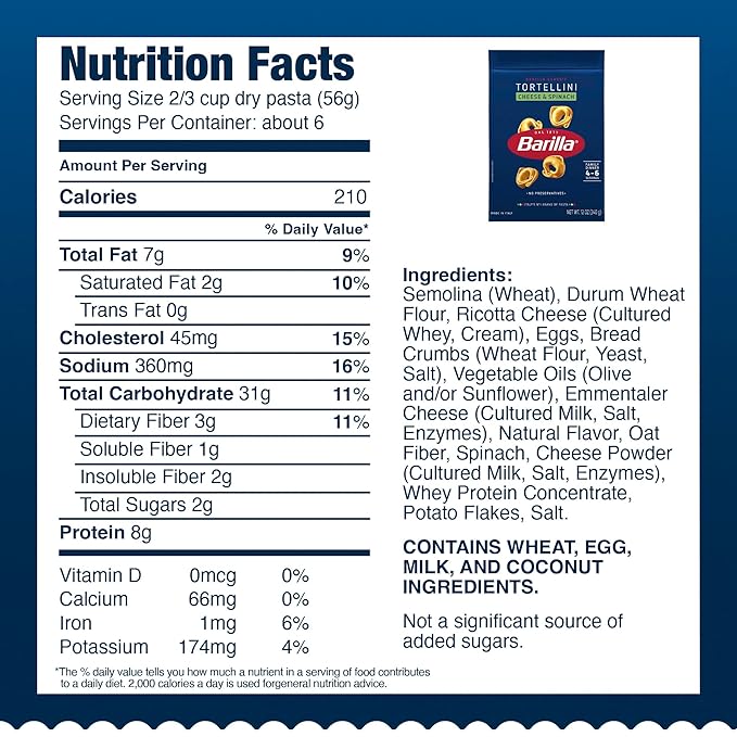 BARILLA Cheese &amp Spinach Tortellini Pasta 12 oz. Bag (Pack of 8) - 6 Servings Per Bag - Pantry Friendly Dried Tortellini - Made with Non-GMO Ingredients