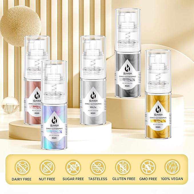 Edible Glitter Spray Set - 5 Colors Iridescent Gold Silver White &amp Rose Gold Food Grade Shimmer Powder Metallic Edible Spray Glitter for Cakes Cookies Chocolate &amp Strawberries 5g/Bottle