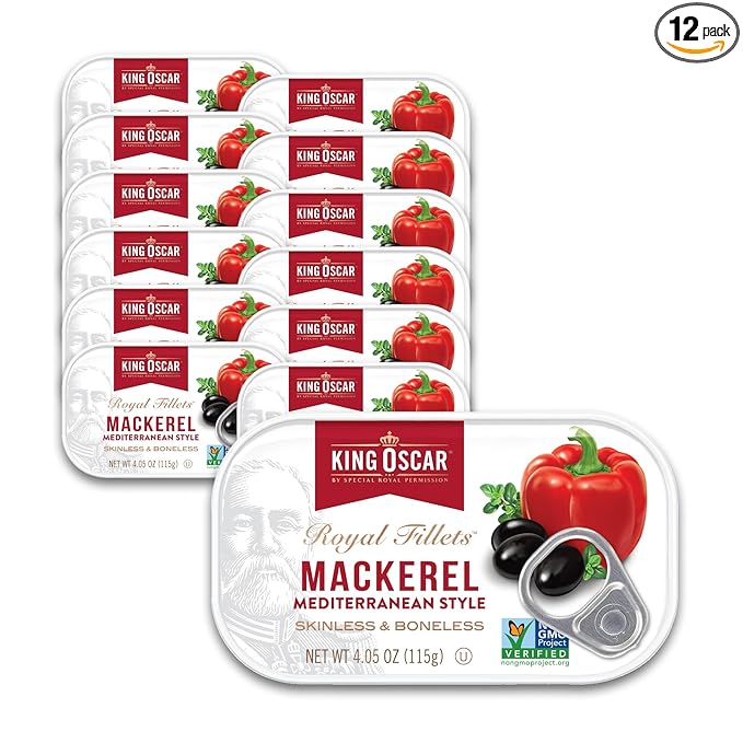 King Oscar Mackerel in Olive Oil Mediterranean Style 4.05 Ounce Can (Pack of 12 Packaging May Vary) Skinless &amp Boneless Wild Caught Canned Mackerel