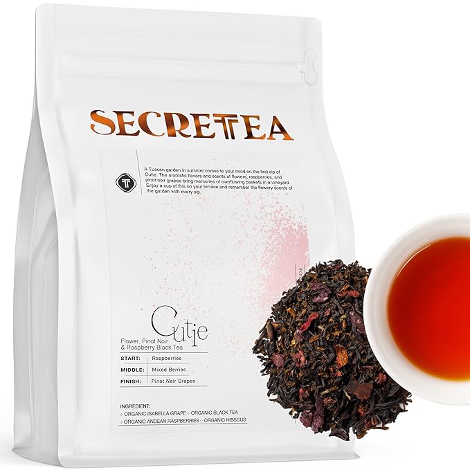 Organic Hibiscus Pinot Noir &amp Raspberry Black Tea I POWERFUL ANTIOXIDANTS I 12 Oz Berry Fruit Black Tea (150+ Cups) I 100% Real Ingredients | T SECRETEA Cutie