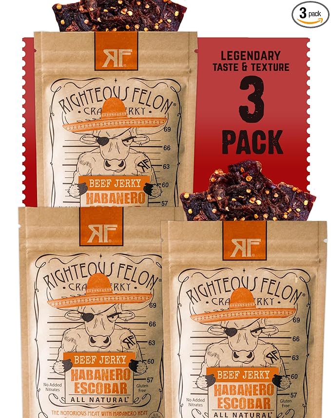 Righteous Felon Beef Jerky - Habanero Escobar Flavor - All-Natural - Locally Sourced &amp Dried Beef Jerky - Low-Sugar High-Protein Healthy Snacks - 2 Ounces Pack of 3