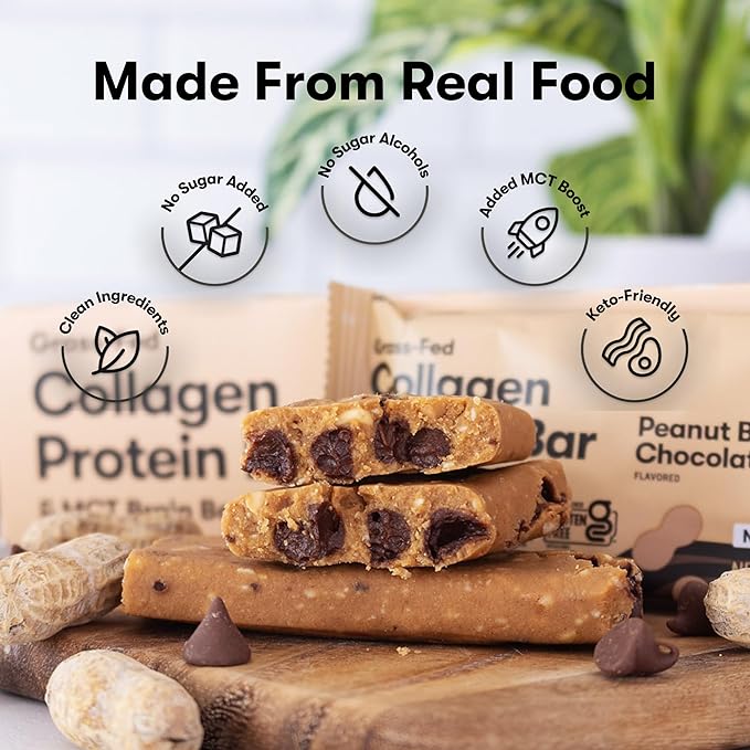Perfect Keto Collagen Protein Bar Gluten Free Grass Fed Collagen + MCT Oil Low Carb No Sugar Added High Protein Snacks Keto Diet Foods 13g Protein 18g Fat 3g Net Carbs Peanut Butter Chocolate