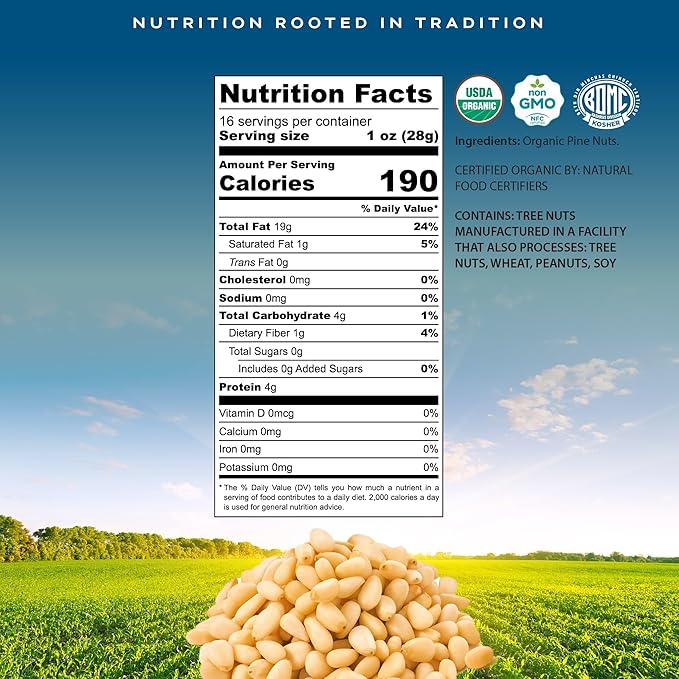CROP BY POP - Organic Raw Pine Nuts Pignolias Unsalted Shelled (16oz - 1 LB) Packed Fresh in Resealable Bag - USDA Organic Non GMO - Naturally Grown Vegan Kosher