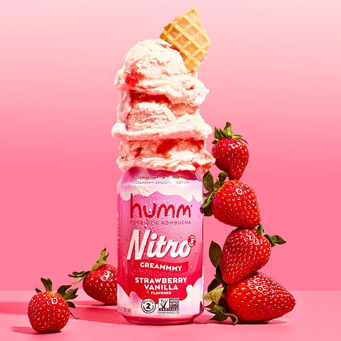 Humm Nitro Kombucha Strawberry Vanilla Creamy Smooth Probiotic Drink with L-Theanine Non-GMO Vegan Gluten Free 12 fl oz (Pack of 24)