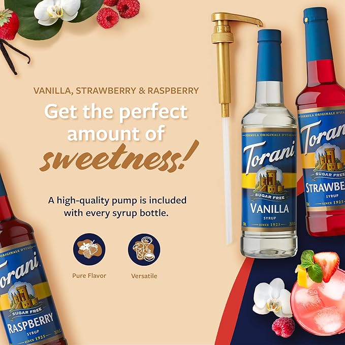 Torani Sugar Free Syrup Variety 3-Pack Strawberry Raspberry and Vanilla Zero-Calorie Syrups for Drinks Pumps Included 25.4 Oz Ea