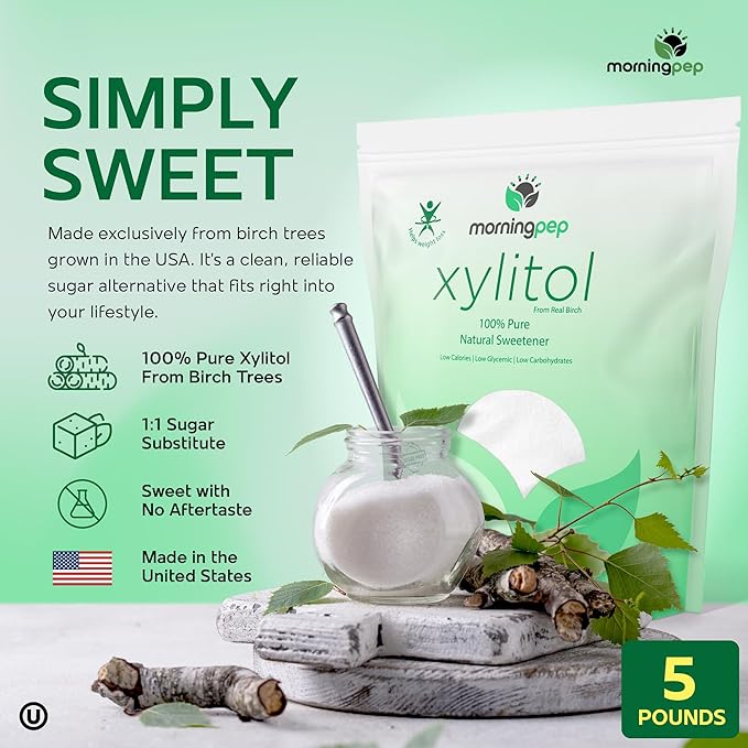 Morning Pep Pure Birch Xylitol (Keto Diet Friendly) Sweetener with no Aftertaste 5 LBs (Not from Corn) Non GMO Kosher Gluten Free Product of USA. 80 Onces