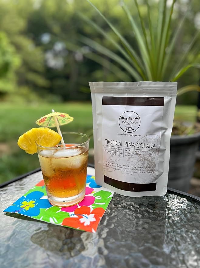Tropical Pina Colada White Tea Blend by Happy Valley Tea Company – 14- Satchel – Cocktail-Inspired – Enjoy it HOT ICED or Mocktail. Coconut Pineapple – No Artificial Flavors Drink mix Tea Bag