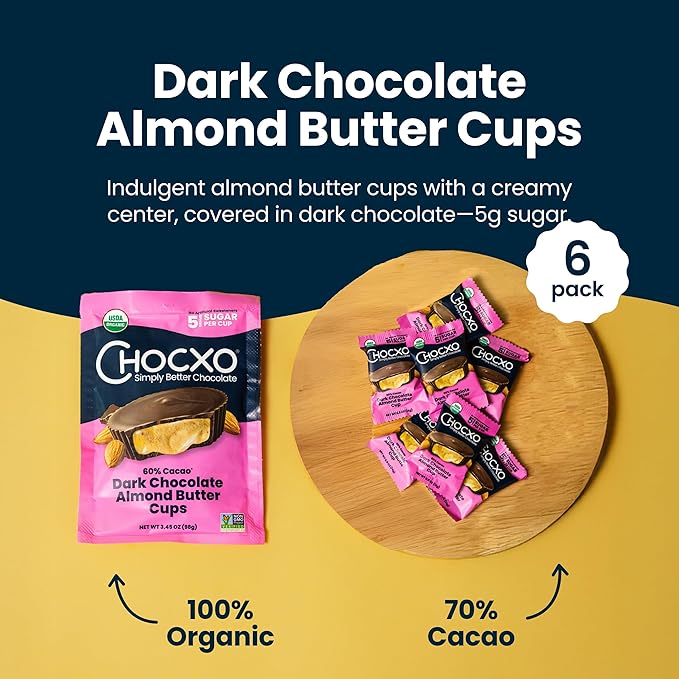 Chocxo Dark Chocolate Almond Butter Cups - Lower Sugar Organic NonGMO Keto Gluten Free Kosher. 60% Cacao No Artificial Sweeteners/Sugar Alcohols 3.45 oz (Pack of 6)