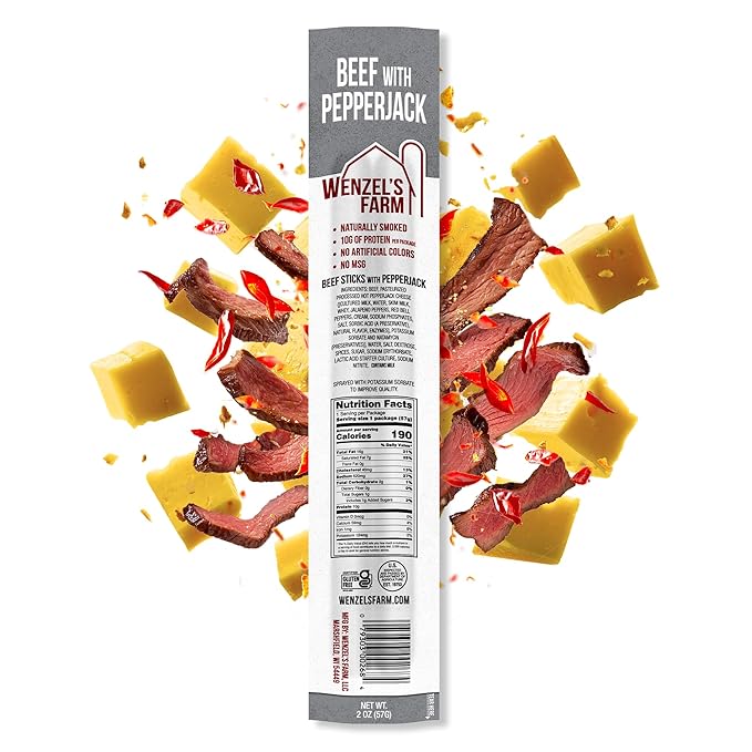 Wenzel’s Farm Beef with Pepperjack Sticks │Snack Sticks │ Flavorful Naturally Smoked │ High Protein Low Carb │ No MSG Fillers Binders Artificial Colors │ Gluten Free | 32 sticks (16 packs of 2)